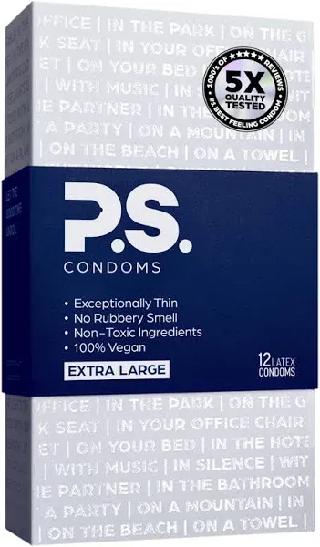 PS Condoms Extra Large Latex Condoms for Men - Odorless and 100% Vegan - Exceptionally Thin, Lubricated, and Clear Condoms - XL 24 Pack