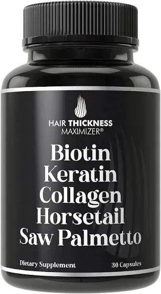 Hair Thickness Maximizer Biotin + Keratin + Collagen + Horsetail + Saw Palmetto. Advanced 5-in-1 Hair Growth Supplement for Women and Men. Hair Vitamins