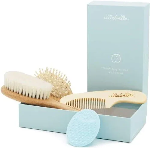 Ullabelle 4 Piece Wooden Baby Hair Brush and Comb Set for Newborns & Toddlers in Chic Gift Box - Ultra Soft Natural Goat Hair and Wood Baby Brush