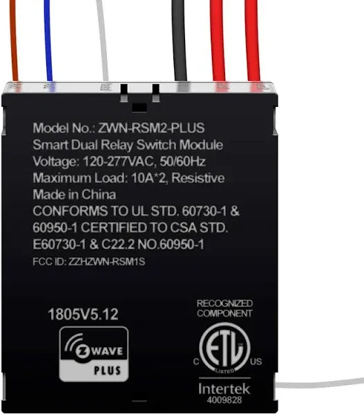 ZWN-RSM2-PLUS-NEW Z-Wave Plus Dual Module, Hidden Smart Switch, Single Pole, 120-277VAC, 10A Per Relay, Neutral Wire Required, ZWN-RSM2-PLUS, Black (New Version), White