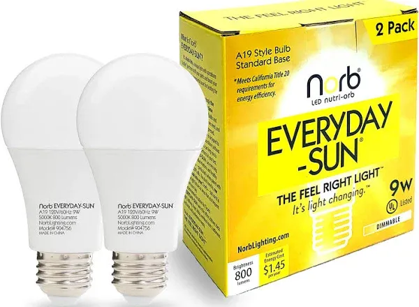 Norb Everyday Sun Light Bulb - Full Spectrum Wellness Lighting with Sun-Mimicking Technology for Energy, Mood & Performance. Supports Sleep/Wake Cycles, 5000K, 9W, 2-Pack, US Based, Budget-Priced