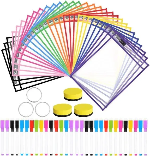 Dry Erase Pockets Reusable Sleeves 30 Pack - Heavy Duty Oversized 10&#034; x 14&#034; C...