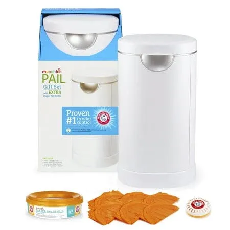 Munchkin Pail Diaper Pail Baby Registry Starter Set, Powered by Arm & Hammer, Includes 6 Snap, Seal and Toss Bags, 1 Starter Refill Ring, and 1