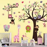 Dekosh Kids Pink Jungle Theme Peel & Stick Girl Nursery Wall Decal, Colorful Owl Giraffe Lion Tree Decorative Sticker for Baby Bedroom, Playroom