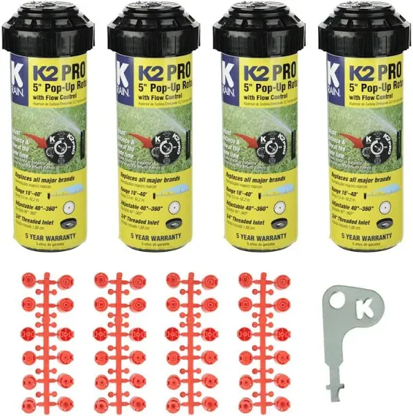 K Rain K2 Pro 3/4" Gear Drive Rotor 5" Pop-Up| 18' - 40' Spray Distance, 40° - 360° Arc Spray Pattern with Full-Circle Gear Driven Rotor | Includes Install Kit (4 Pack)