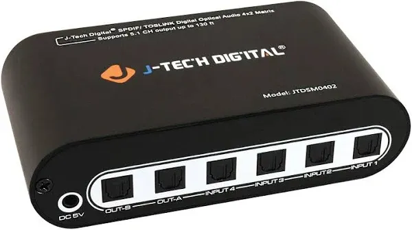 J-Tech Digital SPDIF TOSLINK Digital Optical Audio 4x2 Matrix- 4 Inputs 2 Output