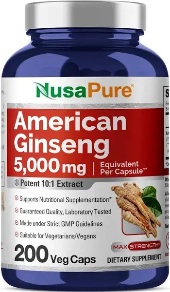 American Ginseng 5000 mg - 200 Veggie Capsules (Vegetarian, Non-GMO, Vegan)