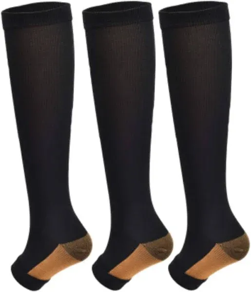 3Pairs Open Toe Toeless Compression Socks(15-20mmHg) for Men and Women Support Stocking (Black, L/XL)