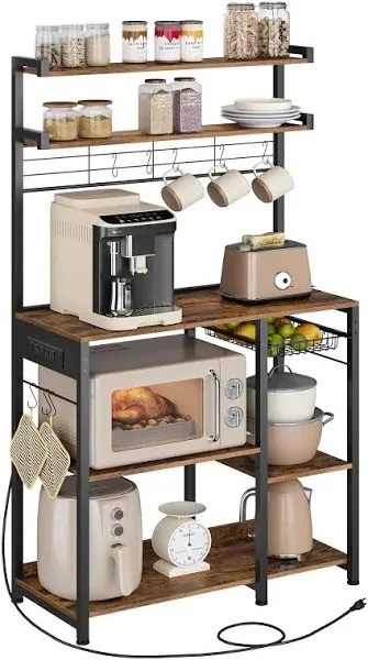 VASAGLE Bakers Rack Microwave Stand Coffee Bar 4 AC Outlets Adjustable Shelves 8 S-Hook