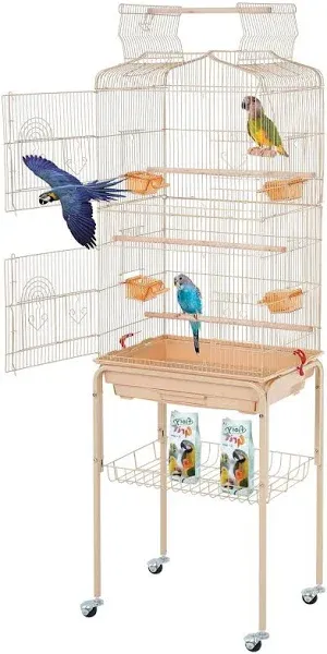 BestPet 64 inch Wrought Iron Bird Cage for Parakeets Medium Small Parrots Parakeet Cage with Detachable Rolling Stand & Play Open Top for Cockatiels Lovebird Finches Canaries (Almond)