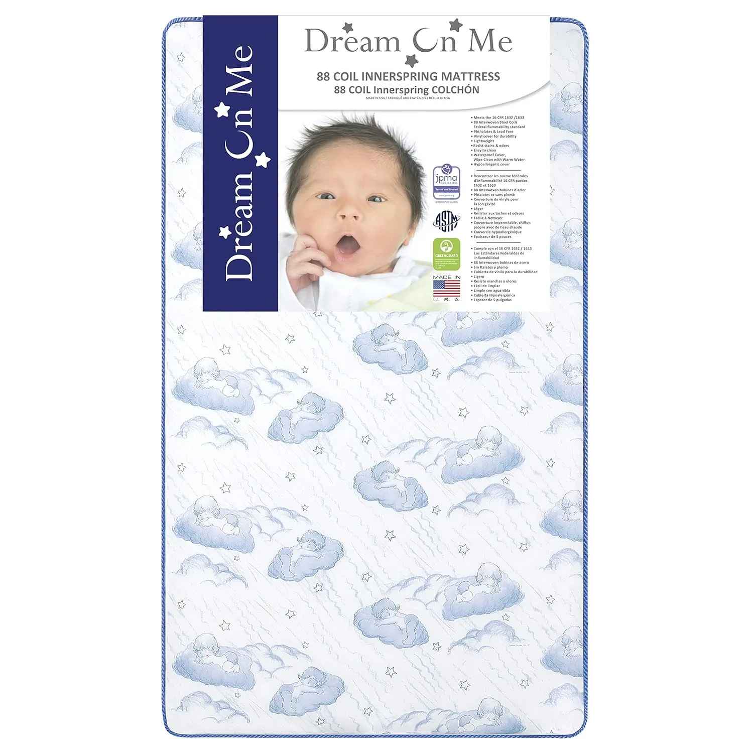 Dream On Me Sweet Dreams 88 Coil Spring Crib and Toddler Bed 6" Mattress in Blue, Green Guard Gold Certified, Beige Cloud Vinyl Cover with Baby, 17 lb