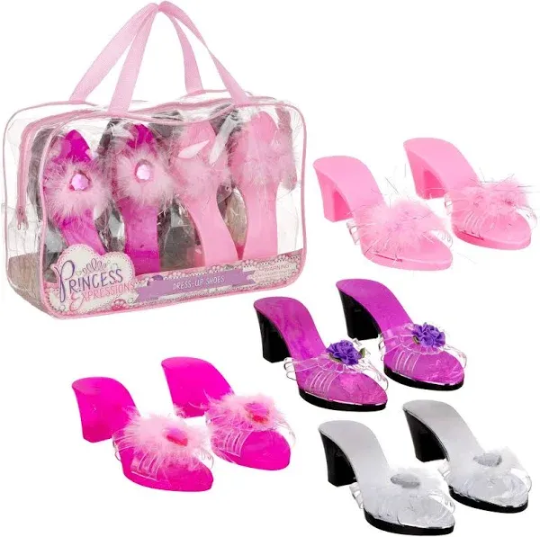 Expressions Toddler Girls Kids 4 Pack Dress Up Royalty Shoes with Heels Set in Carrying Bag - Fits Toddler Shoe Size 7-10