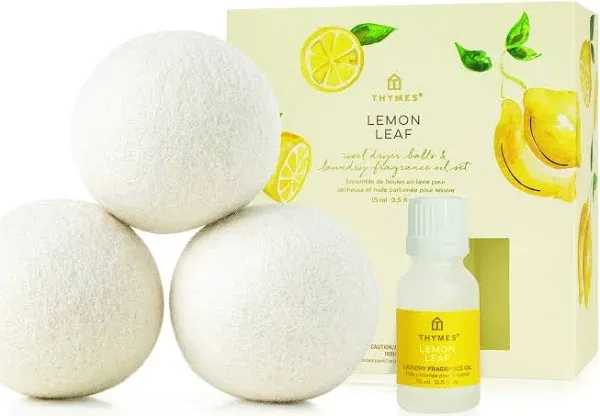 Thymes Lemon Leaf Wool Dryer Balls Set – Includes 3 Wool Laundry Balls + 1 Lemon Fragrance Oil for Dryer – Eliminate Wrinkles, Static & Lint – Scented Laundry Supplies (0.5 fl oz)