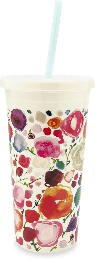 Kate Spade New York Insulated Plastic Tumbler With Reusable Straw, 20 Ounce Travel Cup, Floral