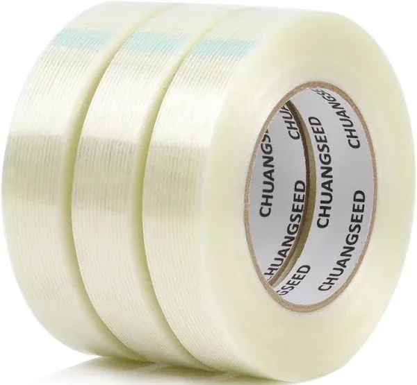 CHUANGSEED 3Pack Mono Filament Strapping Tape 6.2mil x 2Inch x 60yds Commodity Grade Heavy Duty Transparent Reinforced Fiberglass Tape