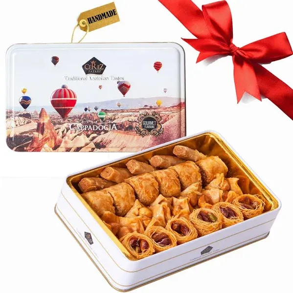 Cerez Pazari Premium Assorted Baklava Pastry Gift Basket Small Tin Box 8.47 oz Apprx.22-23 Pcs , Turkish Pistachio, Walnut, Cashew, Hazelnut Traditio