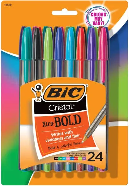 Bic Cristal Xtra Bold Stick Ballpoint Pen, Bold 1.6mm, Assorted Ink-barrel, 24-Pack