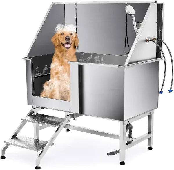 YITAHOME 50" Dog Grooming Tub 304 Stainless Steel Professional Dog Bathing Station w/Ramp, Floor Grate, Faucet, Dog Bathtub for Large, Medium, Small Pets Left Door, Dog Washing Station for Home