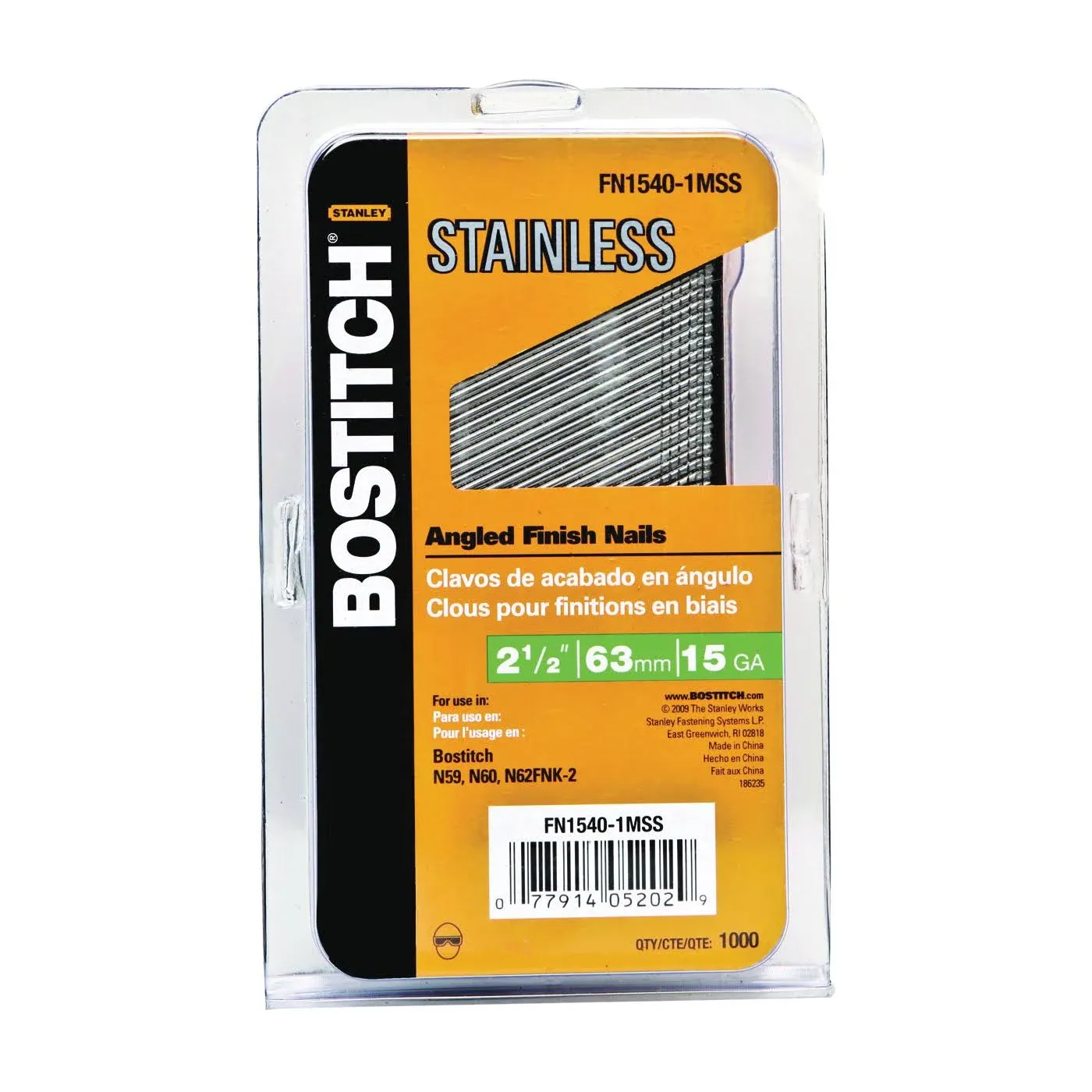 Bostitch FN1540-1MSS Finish Nail, 2-1/2 in L, 15 Gauge, Stainless Steel, Coated ...