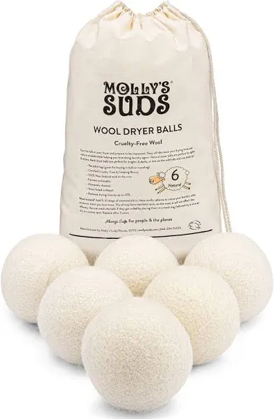 Molly's Suds Wool Dryer Balls - Organic Fabric Softener, Hypoallergenic, Reusable - Set of 6