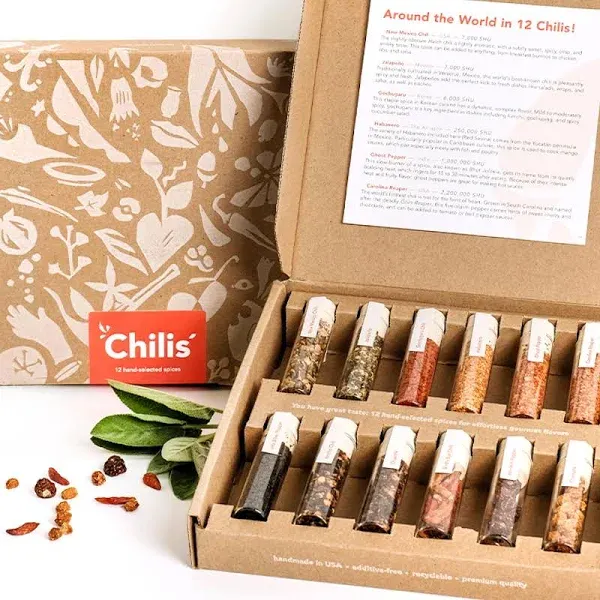 Craftly Chili Spice Set | 12 Chilis from Around the World | 12 Gourmet Chili Varieties for Cooking and Seasoning | Gifts for People who Like to Cook | Housewarming Gift | Gift for Women & Men