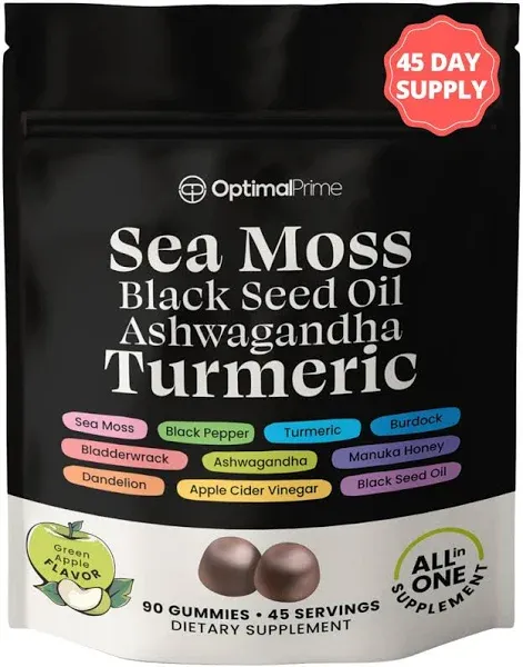 Optimal Prime Sea Moss Gummies, Sea Moss 3000mg, Black Seed 2000mg, Ashwagandha 1000mg, Turmeric, Manuka Honey, ACV, Dandelion, Black Pepper, Burdock, Bladderwrack, Vegan, 90 Gummies