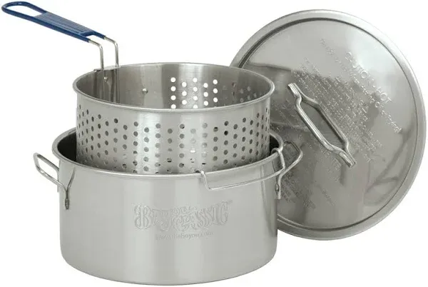 Bayou Classic 1350 14-qt Aluminum Fry Pot w/ Lid and Aluminum Perforated Basket Features Heavy-Duty Riveted Handles Domed Lid Perfect For Frying Fish Shrimp Chicken and Hushpuppies