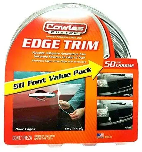 Cowles Custom - Enhanced 50fT Chrome U-Channel Edge Guard Trim, 50FT Flexible Plastic (PVC) Bumper Protector Accessory, Door Guard for Cars, Trucks, SUV, ATV, Boats