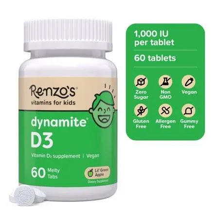 Renzo's Dynamite Vitamin D3 Dissolving Kids Vitamin D3-60 Sugar-Free Melty Tabs