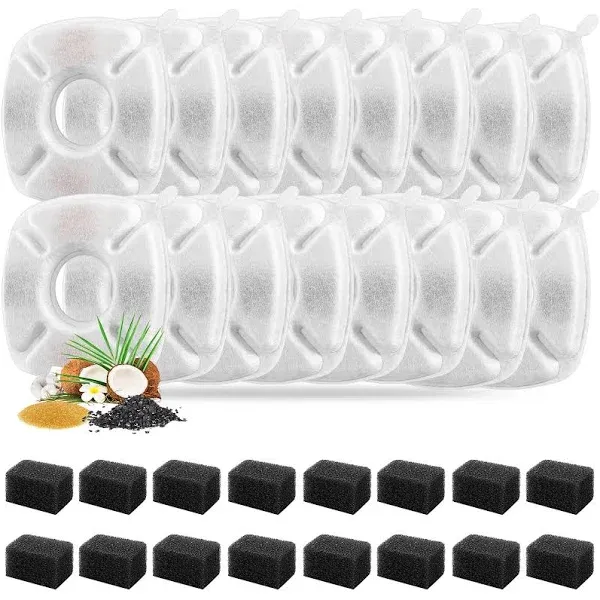 32 Pcs Cat Water Fountain Replacement Filters- 16 Pack 16 Filters&amp; 16 Sponges