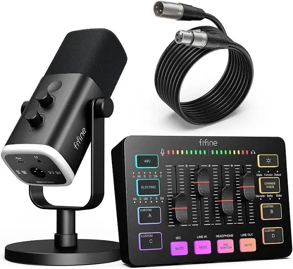 FIFINE Gaming Equipment Bundle, XLR/USB Streaming Dynamic Microphone with Audio Mixer Set, Podcast Recording Mic with Gain Knob, PC Mixer with Slider Fader Kit for Video, Game Voice-Ampligame KS5W