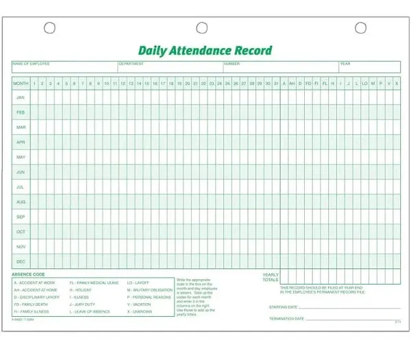 TOPS 3284 Daily Attendance Card, 8 1/2 x 11, 50 Forms