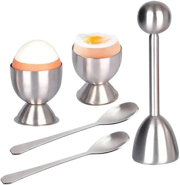 Xicennego Egg Cracker Topper Set of 5 - Includes 2 Egg Cups, 2 Spoons and 1 Cutter - Stainless Steel Easy Egg Opener