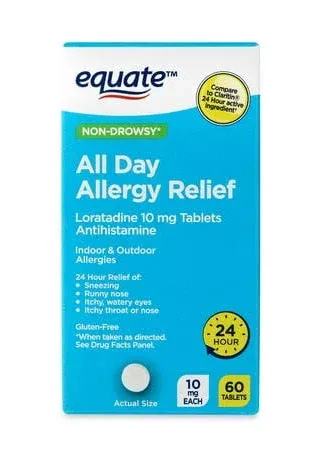 Equate 24 Hour Allergy, Cetirizine hydrochloride Tablets, 10 mg, 90 Count, 2 Pack, Size: 23 oz