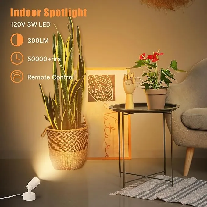 LED Spot Lights Indoor, 3W Uplighting Indoor with Remote Control Dimmable & Timer, 3000K/4000K/5000K Adjustable Spotlights, Accent Uplights Indoor Stick on Wall Light for Plants Picture Artwork, White