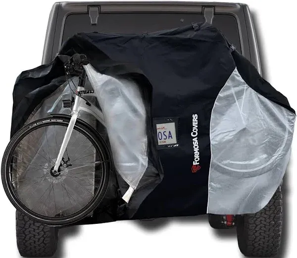 LIGHTWEIGHT Travel Bike Cover for Rear Hitch Mount Rack on Car, Truck, RV, SUV - Fully Encloses Bike for Safe Transport - 300D Material Protection - Transparent Tail Light Reflectors (Quad 3-4 Bikes)