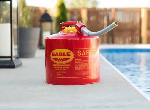 Eagle 5 Gallon Type II Red Safety Gas Can for Gasoline with Flame Arrester, Self-Closing Lid, and 12" x 7/8" Flexible Metal Hose, Made in the USA, Galvanized Steel Flammable Storage Can, U251S