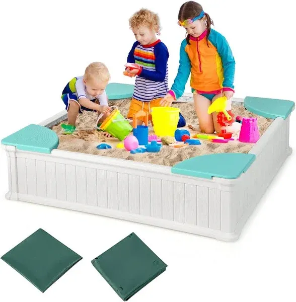 Costway Kids Outdoor Sandbox with Oxford Cover and 4 Corner Seats