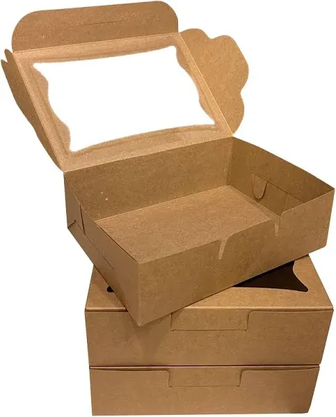 Kraft Paper Bakery Boxes - 25-Pack Pastry Boxes with Window for Cookies, Chocola