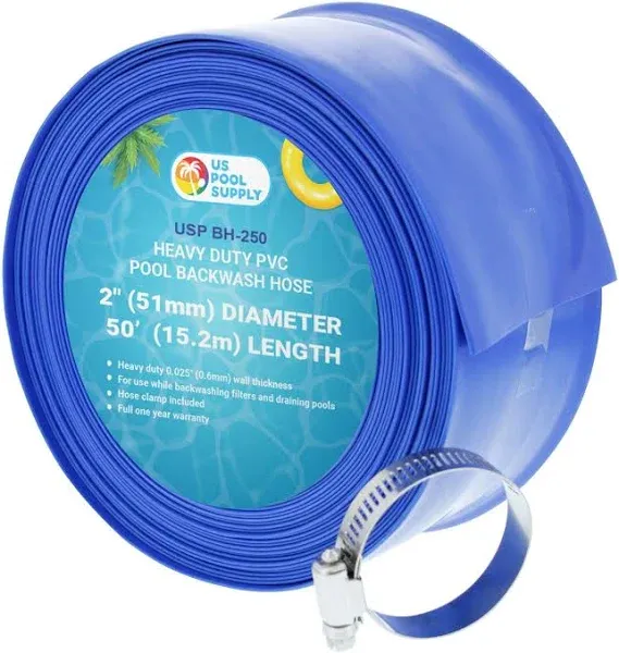 U.S. Pool Supply 50' Heavy Duty Blue Swimming Pool Backwash Hose with Hose Clamp