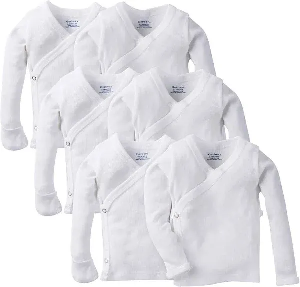 Gerber Baby Boy or Girl Gender Neutral White Long Sleeve Side Snap Shirt with Mitten Cuffs, 6-Pack