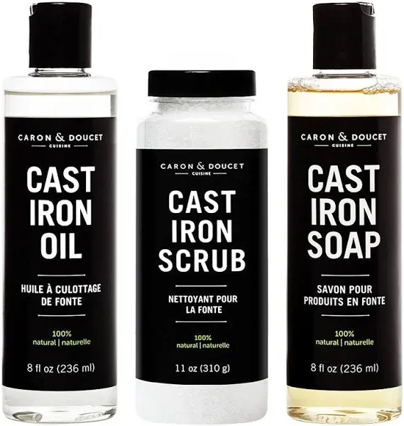 - Ultimate Cast Iron Set: Seasoning Oil, Cleaning Soap &amp; Restoring Scrub | 100% 