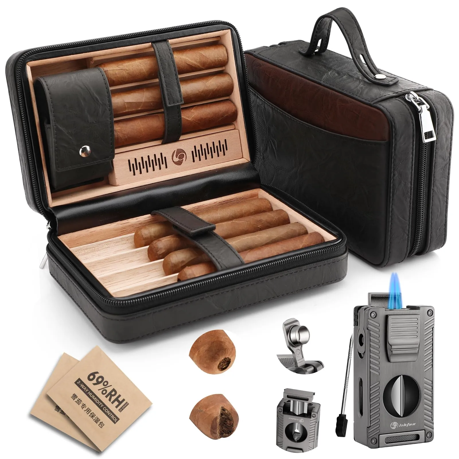 Cigar Humidor, Leather Cedar Wood Travel Cigar Case and Multifunctional 5-in-1 Cigar Lighter Set - Portable Travel Humidor Box with 2 Two-Way Humidity Packs - Cigar Gift for Men (Black)