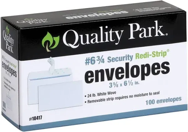 Quality Park #6 3/4 Self-Seal Security Envelopes, Security Tint and Pattern, Redi-Strip Closure, 24-lb White Wove, 3-5/8 x 6-1/2, 100/Box (QUA10417)