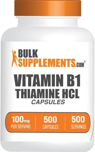 BulkSupplements.com Thiamine HCl Capsules - Thiamine Hydrochloride, Vitamin B Supplements, Vitamin B1 - Gluten Free, Thiamine HCl 100mg, 1 Capsule per Serving, 500 Capsules (Pack of 1)