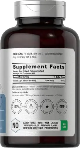 Beta Carotene 25000 iu Softgels | 7,500 mcg | 400 Count | Non-GMO | by Horbaach