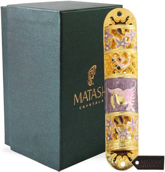 Hand Painted Enamel Mezuzah Embellished with a Floral Design with Gold