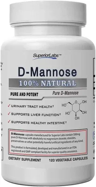 Superior Labs – Best D-Mannose NonGMO Dietary Supplement – 500mg, 120 Vegetable Capsules – Powerful Prebiotic – Boosts Urinary Tract Health – Supports Digestive Health & Liver Function