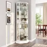 Belleze Lighted 3-Side Glass Display Curio Cabinet with Tempered Glass Doors and Shelves, Curved Wood Corner Cabinet with Bulb, Corner Curio Storage