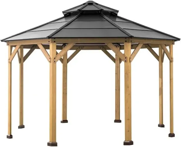 Sunjoy 13 ft. x 13 ft. Cedar Framed Octagon Gazebo with Black Steel 2-Tier Hardtop Roof